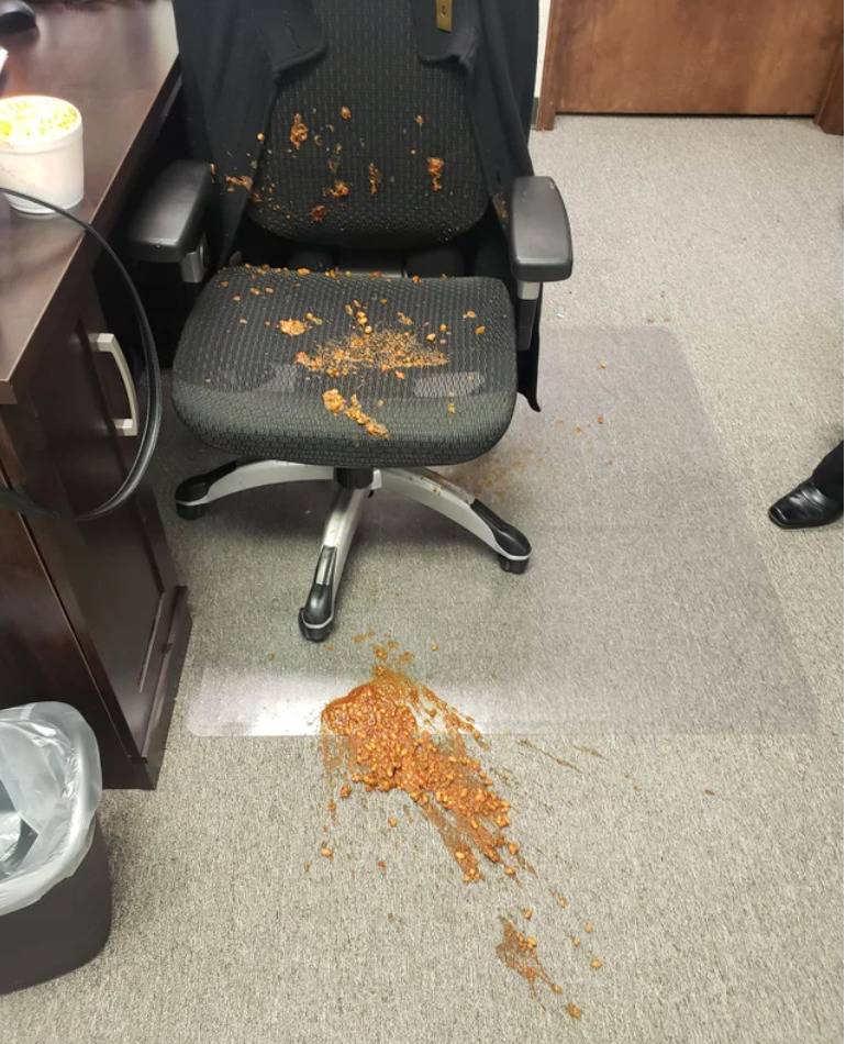 chilli spilled all over office chair and floor beside it