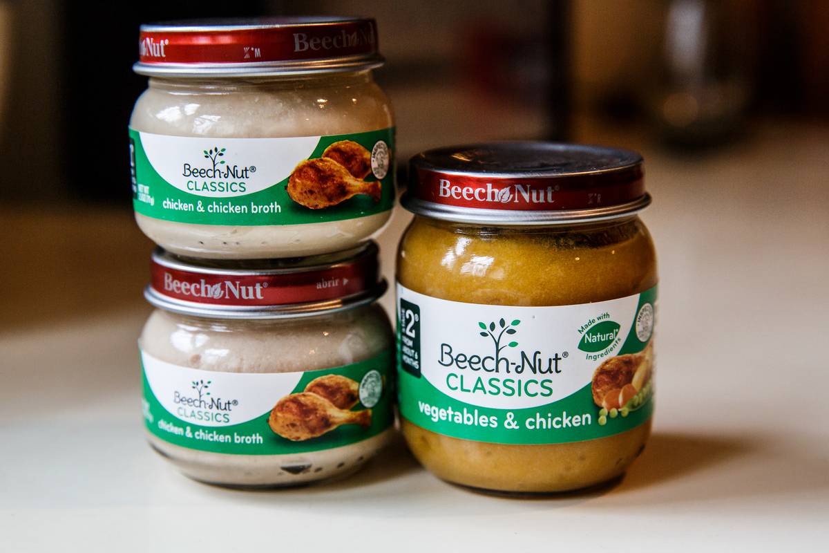 Selection of Beechnut Classics baby food jars. Flavors include chicken and vegetables, and chicken and chicken broth.