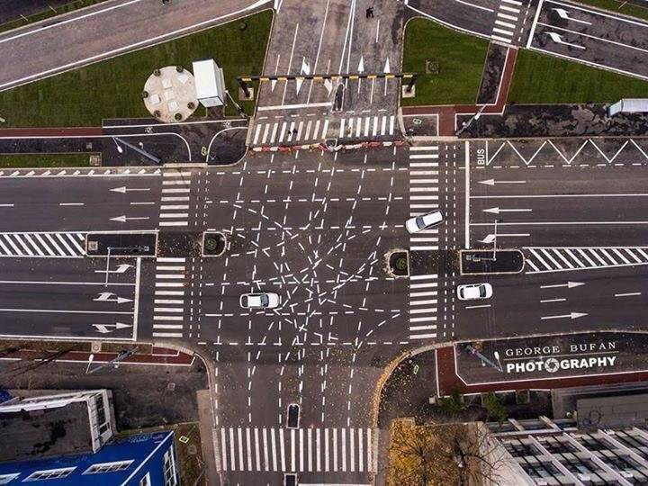 intersection in Timisoara Romania with dozens of different road lines