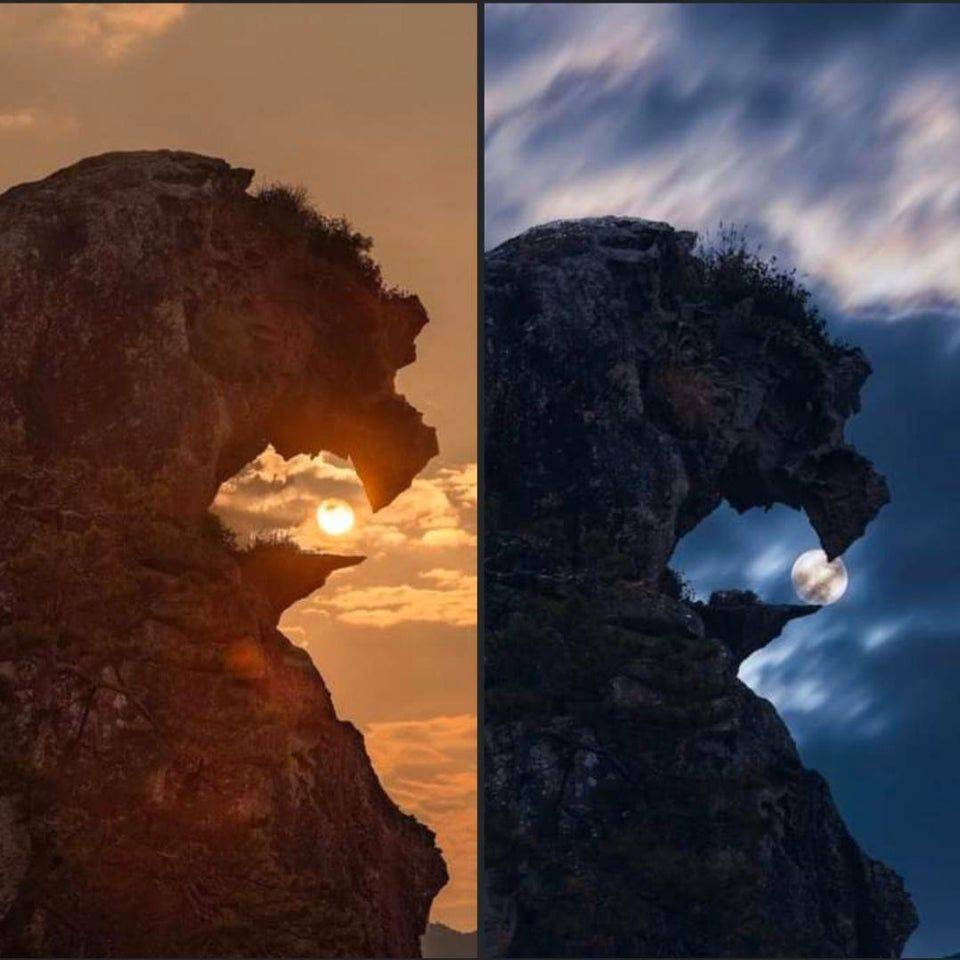 sun and moon in rock formation 
