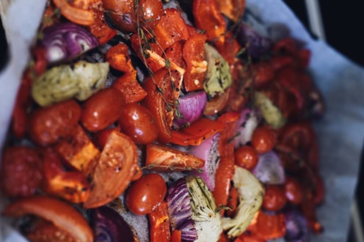 roasted vegetables on a pan