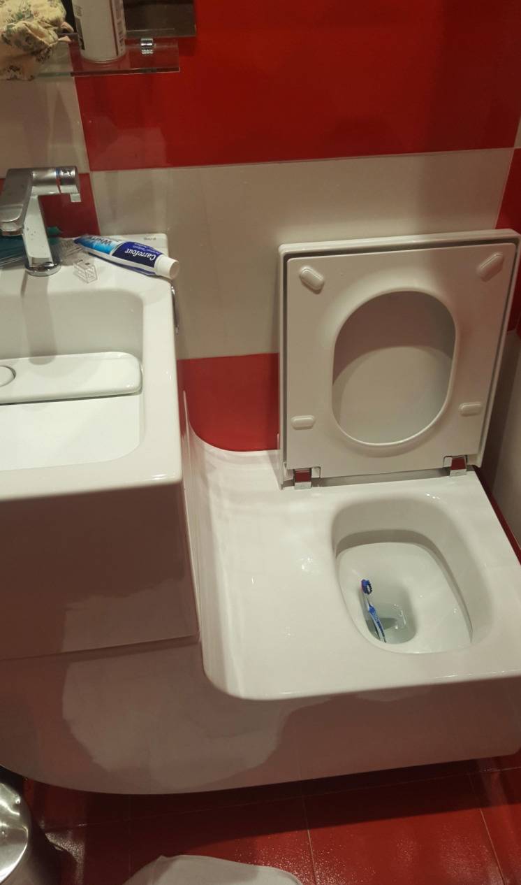 sink counter has slope attaching it to toilet with toothbrush inside the toilet