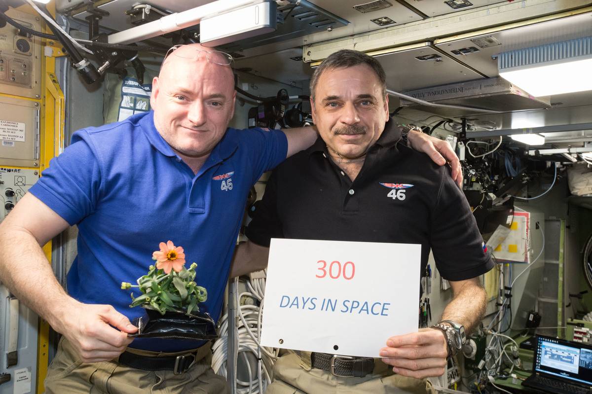 Scott Kelly of NASA (left) and Mikhail Kornienko of Roscosmos (right) celebrate their 300th consecutive day in space with a sign.