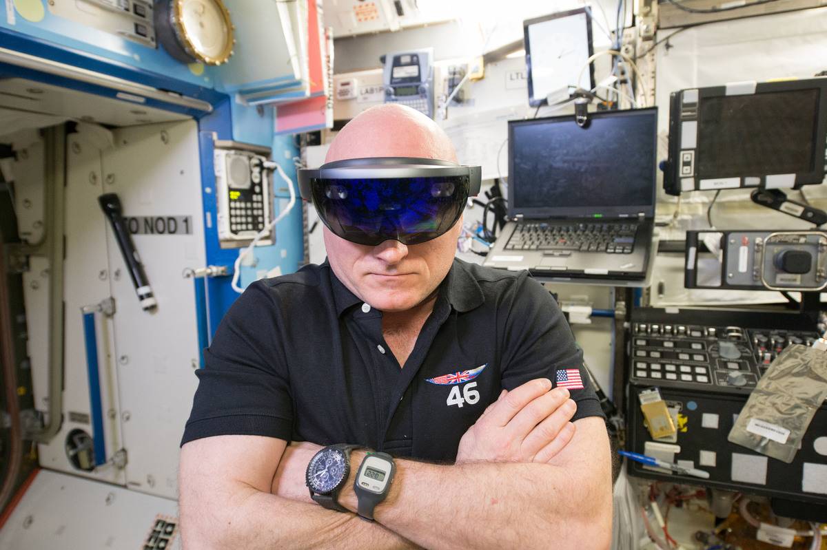Scott Kelly wears special glasses while in the International Space Station in space.