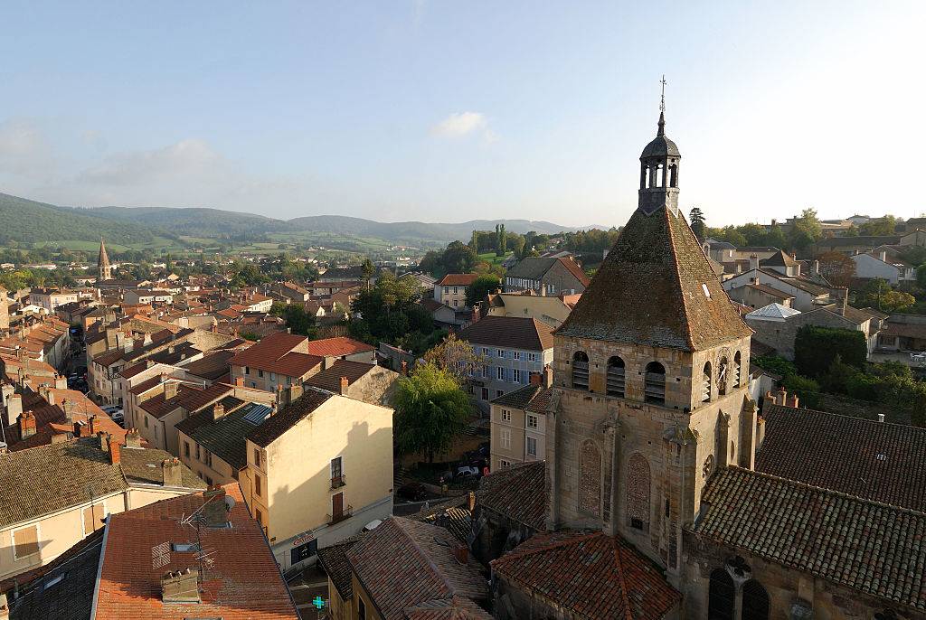 Rooftop view over the city of Cluny and the steeple of Notre-Dame Church
