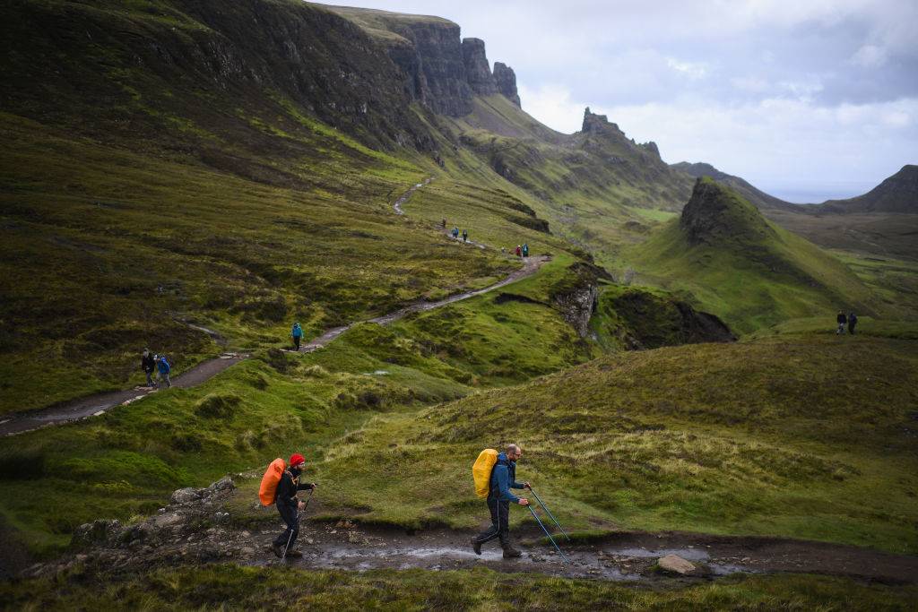 Tourists visit the Quiraing on the Isle of Skye