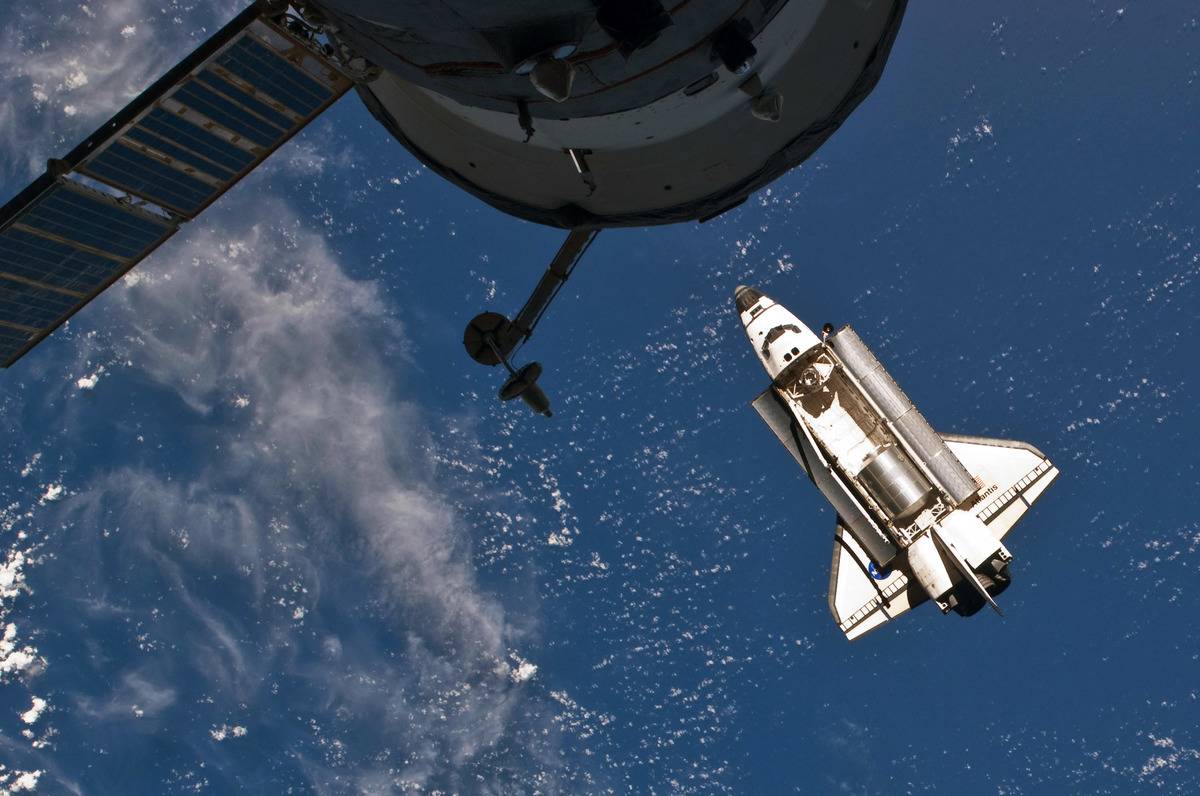 A rocket arrives at the International Space Station.