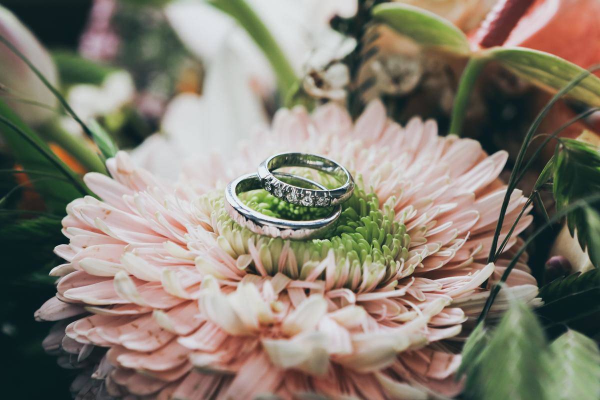 wedding bands and flowers closeup