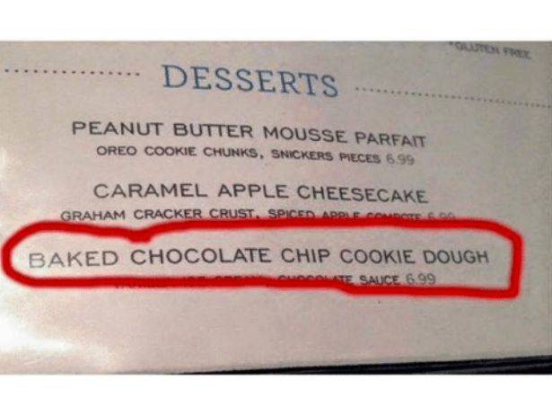 menu offers 'baked chocolate chip cookie dough'