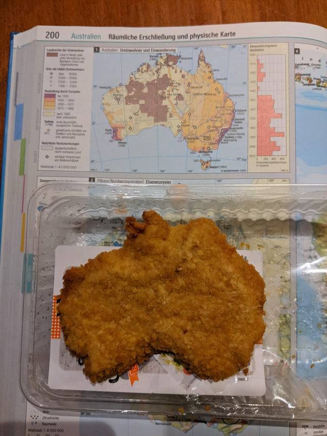chicken cutlet  in the shape of australia