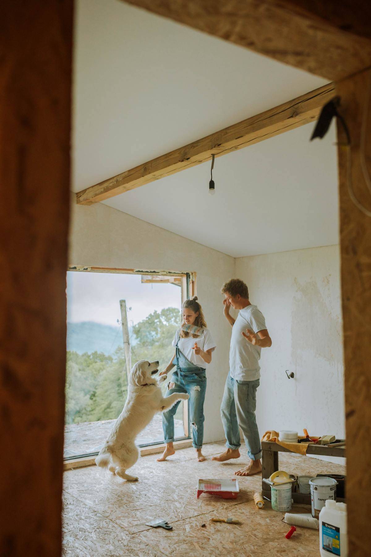 couple playing with dog while painting room
