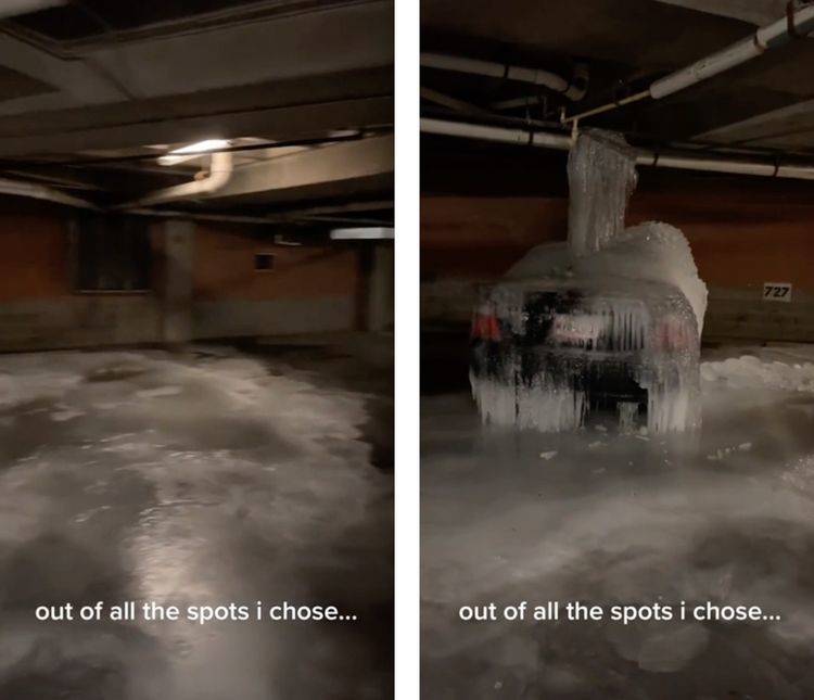 ice on car in parking garage