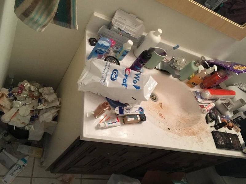 roommate leaves huge mess in bathroom of garbage, makeup and toiletries 