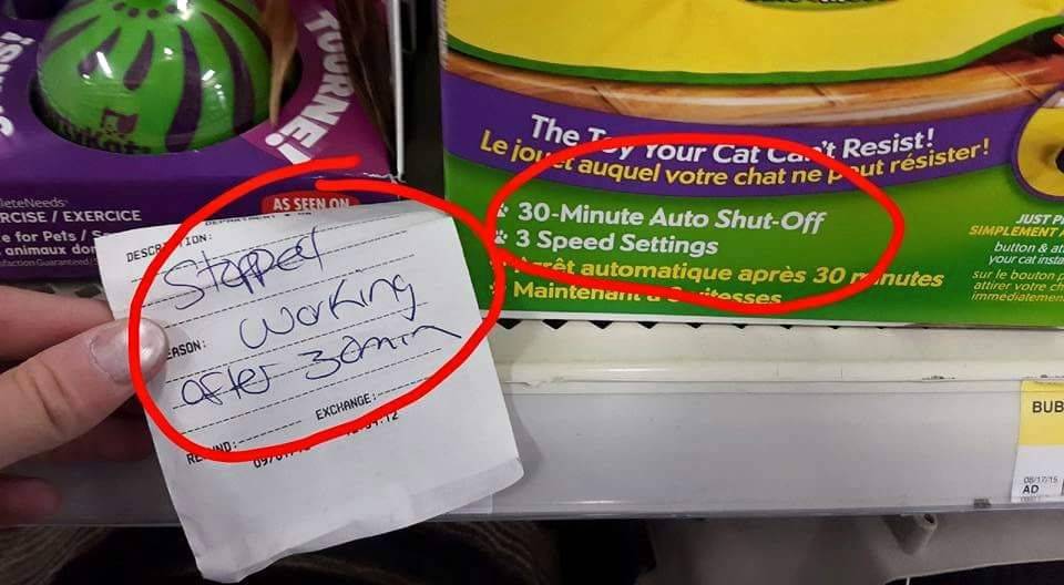 note that says 'stopped working after 30 min' next to product with detail that says '30-minute auto shut off'