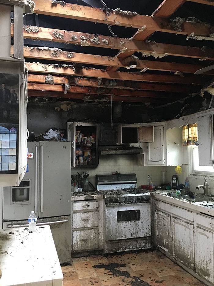 destroyed kitchen after french fries catch fire in oven