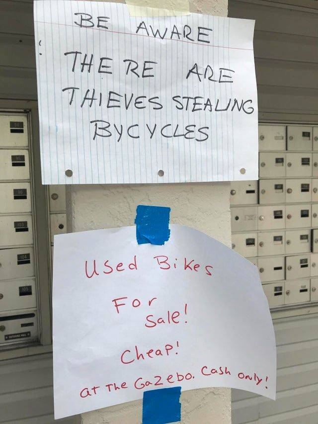 stolen bikes sign next to bikes for sale sign