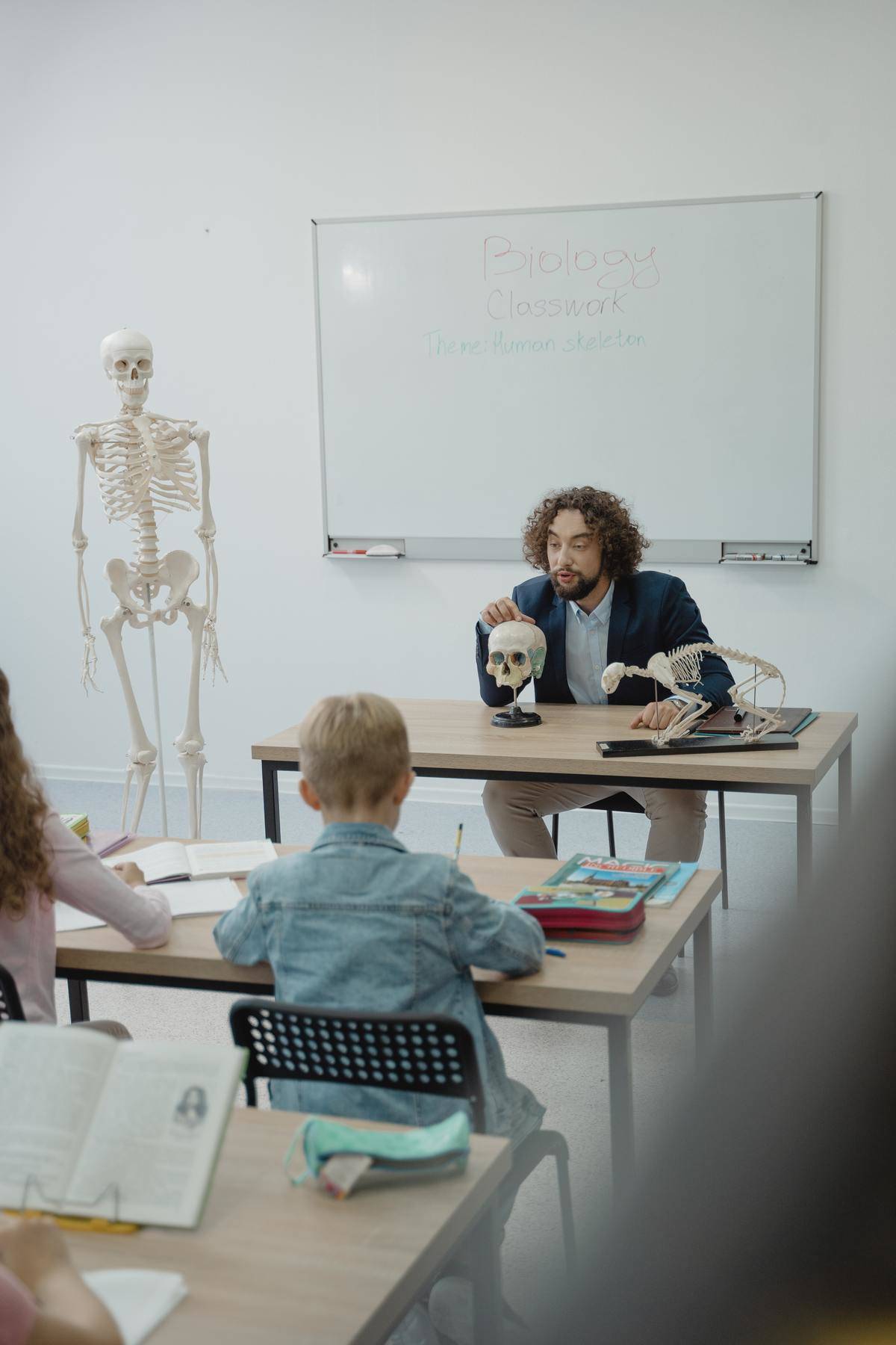 teacher shows skull to classroom
