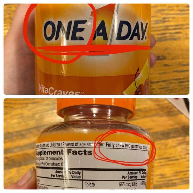 one a day vitamins claims in instructions to eat two vitamins a day