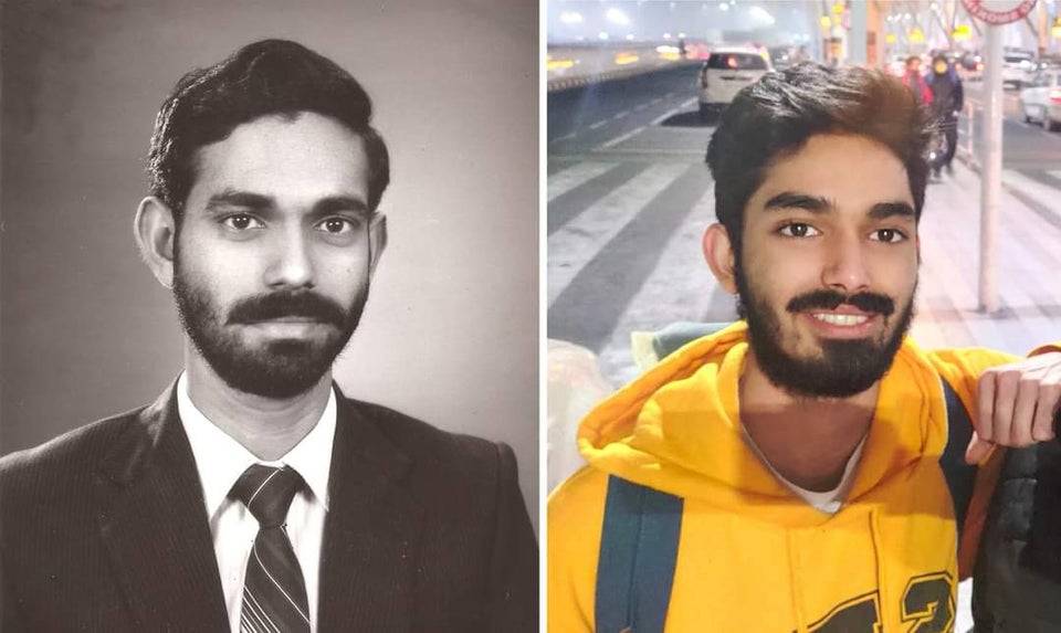 Side by side images of young men smiling at the camera, left is father, right is son 39 years later