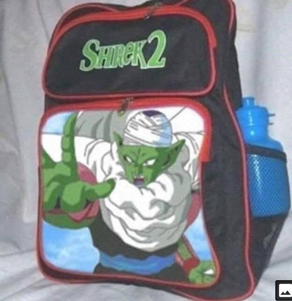 Shrek 2 backpack with Piccolo on it