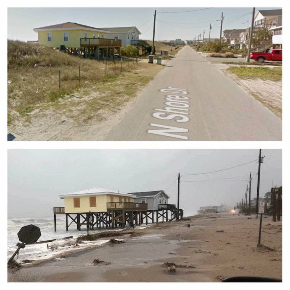 Before-and-after comparison pics of a street in Surf City, NC, after Hurricane Florence
