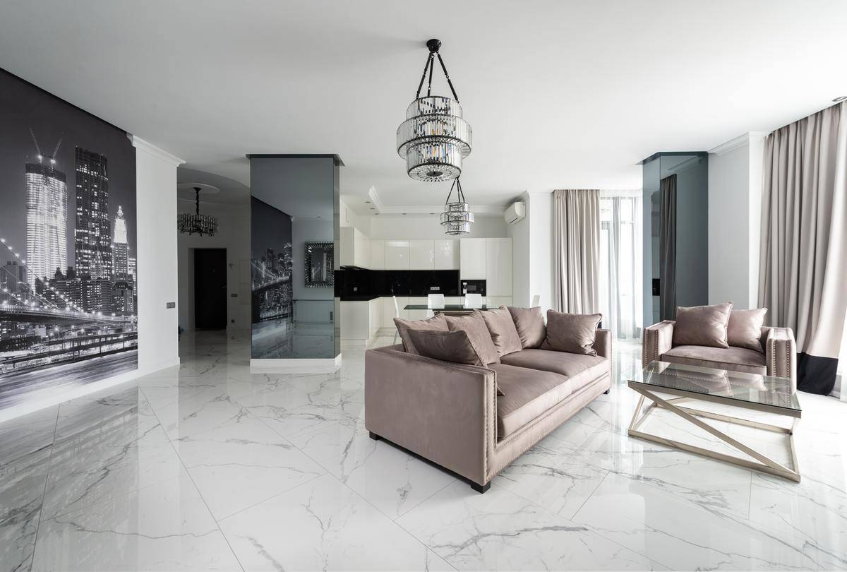 extravagant marble floor living room with minimal furniture