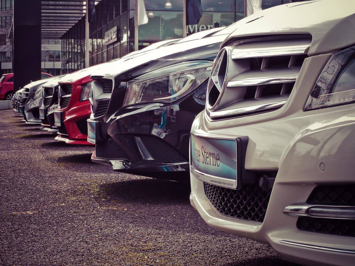 cars lined up at dealership