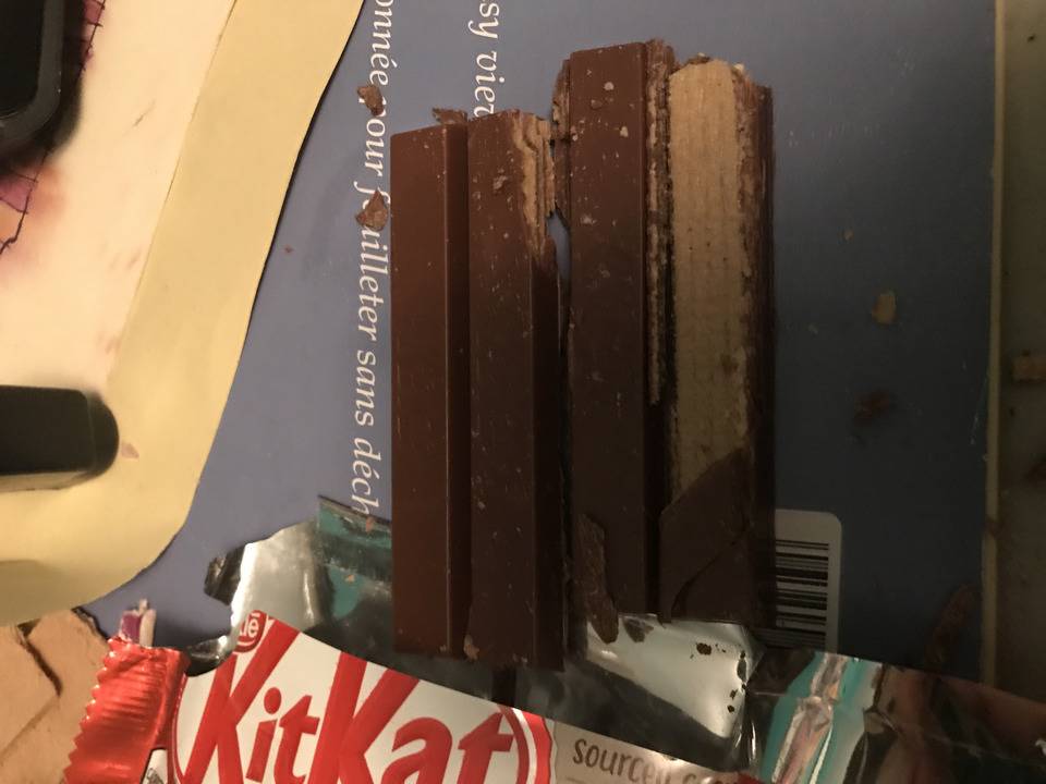 chocolate off the kit kat for no reason