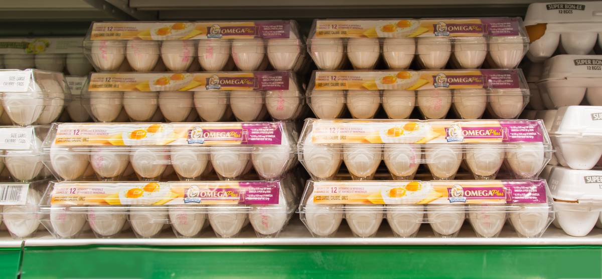 Cartons of eggs are for sale at a supermarket.
