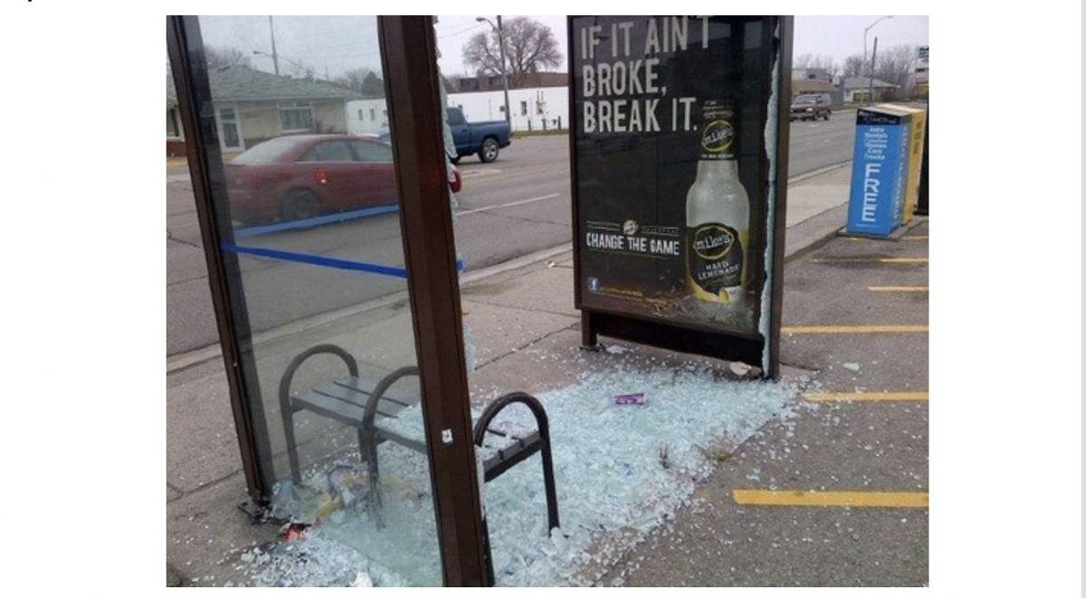 broken glass at bus shelter