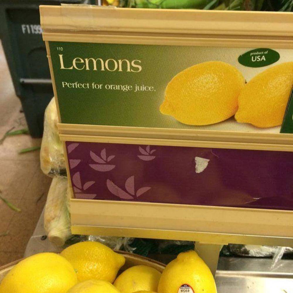 signage in store: lemons - great for orange juice