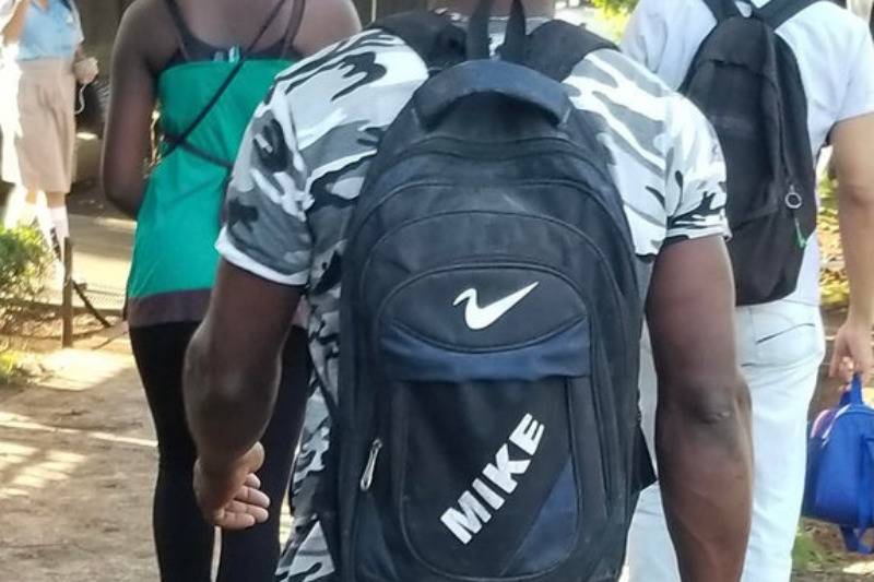 Mike's backpack with a knockoff Nike logo swoosh