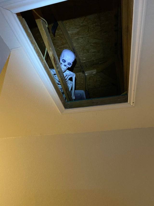 fake skeleton peeking down from attic