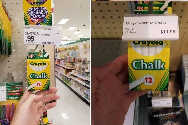 chalk for 0.99$ at craft store vs. 11.98$ at school book store