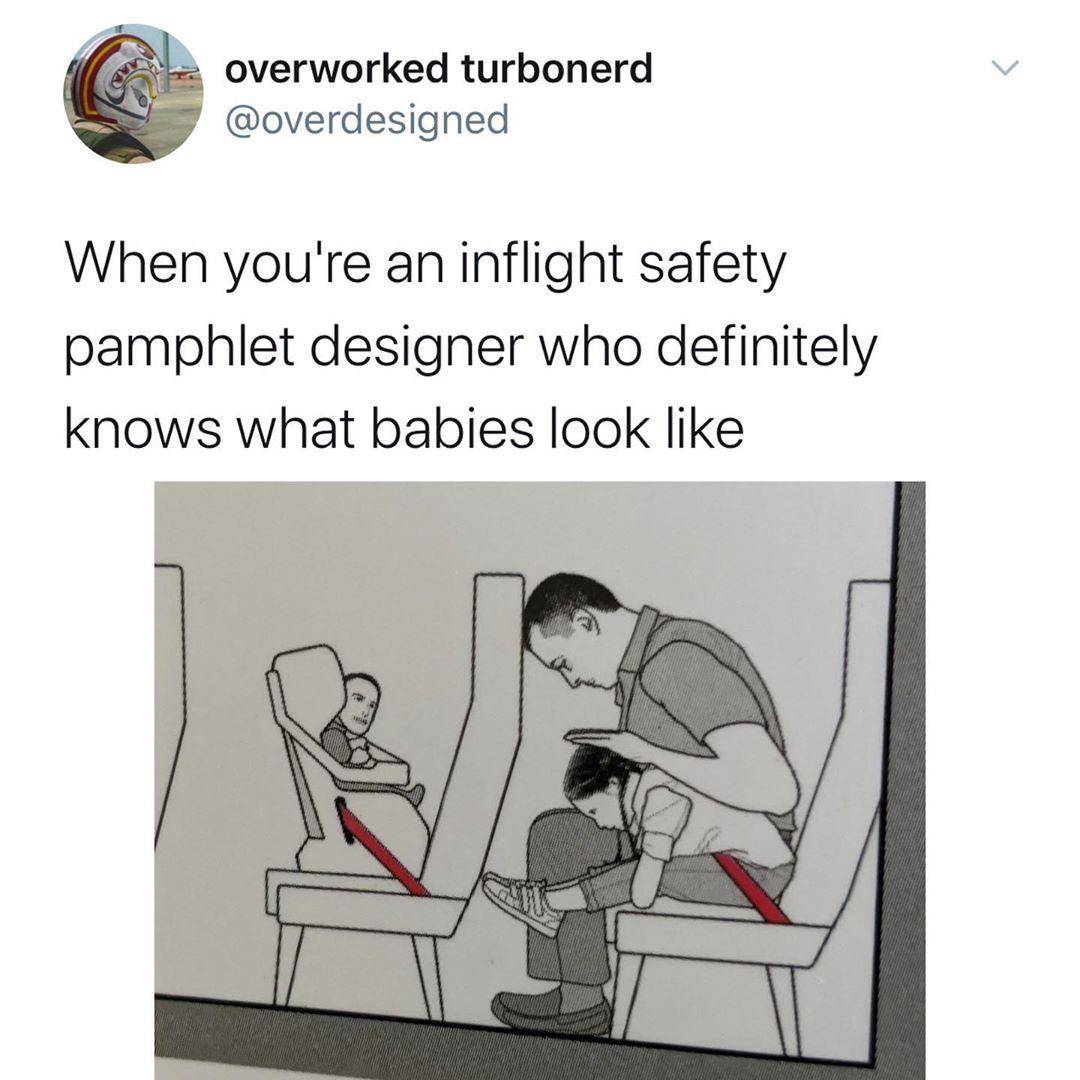 in flight safety pamphlet with weird baby