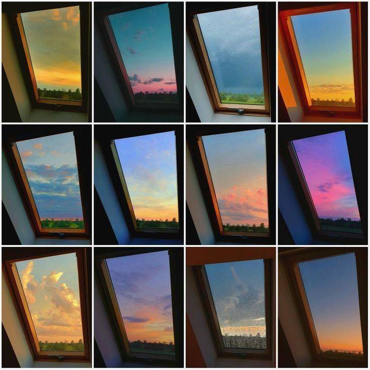 multicolored sunsets through same window every day