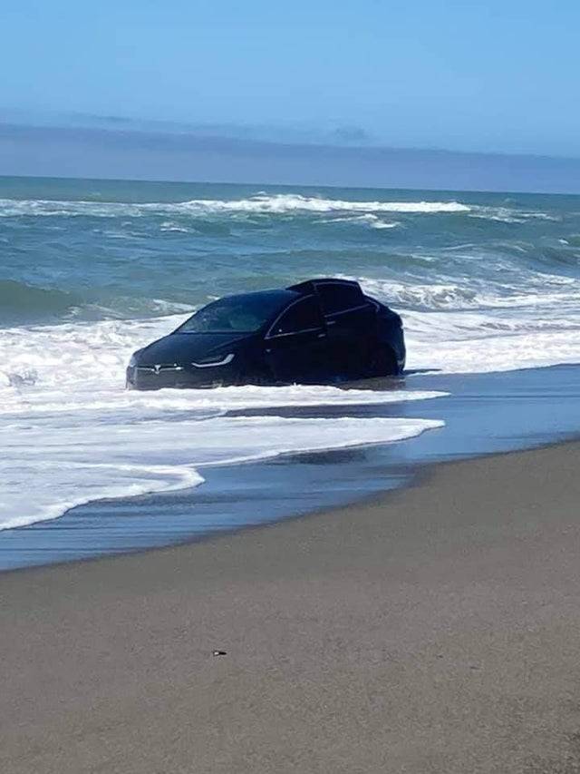 Tesla on the beach in the surf 