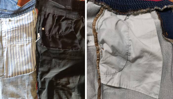Two photos—left is a comparison of men's and women's jean pocket sizes; right is a large pocket with deliberate stitching to halve the size