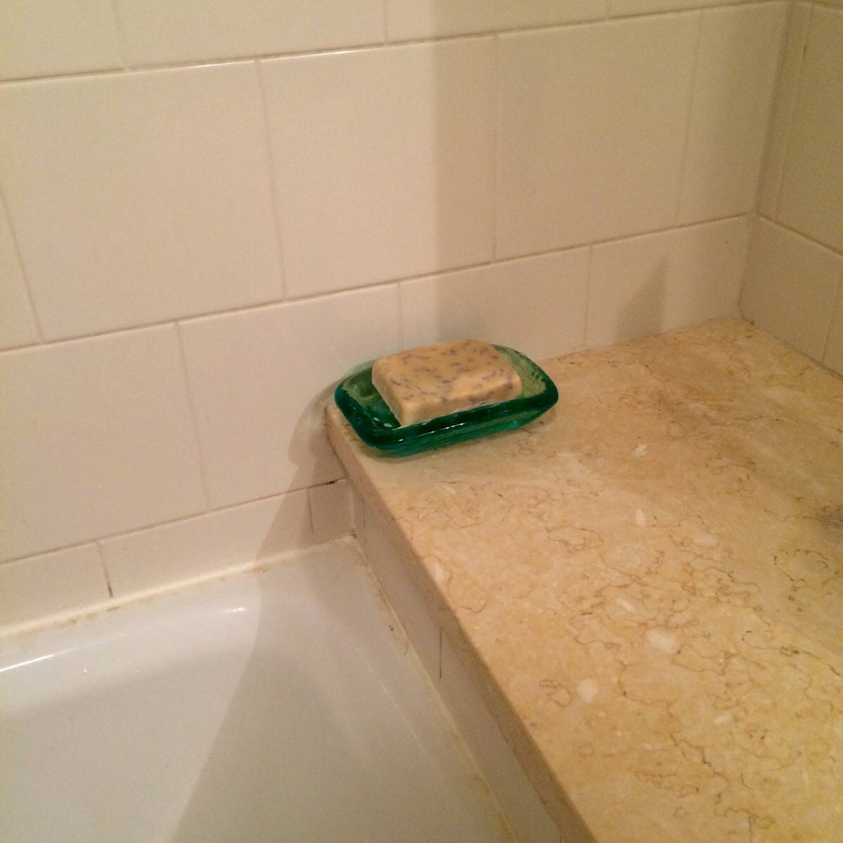 what looks like a bar of soap but is actually cheese in a soap dish on a bathroom counter