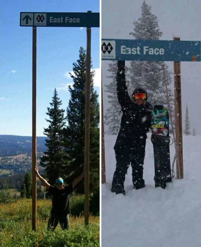 man on mountain in summer vs winter, raised above because of snow