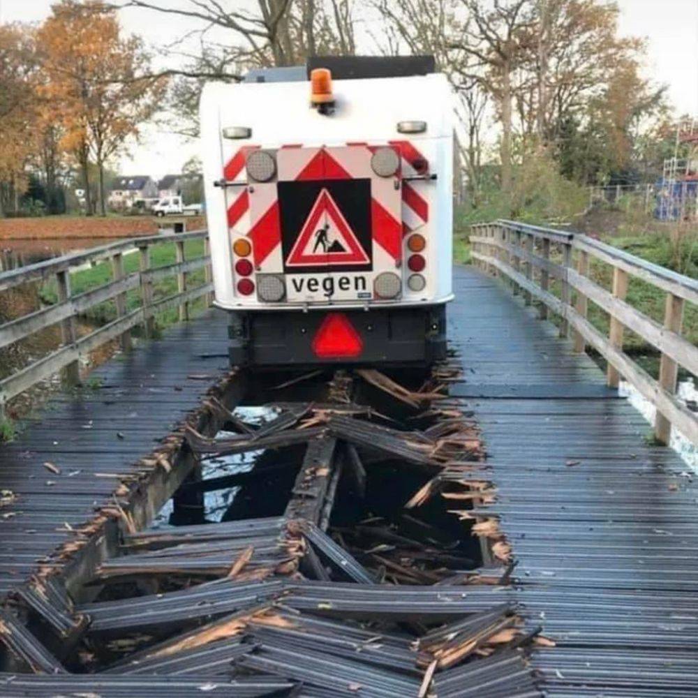 a bridge destroyed be a street sweeper in the Netherlands