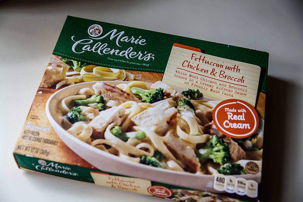 Marie Callender's fettuccini with chicken and broccoli in a creamy Alfredo sauce frozen processed dinner meal