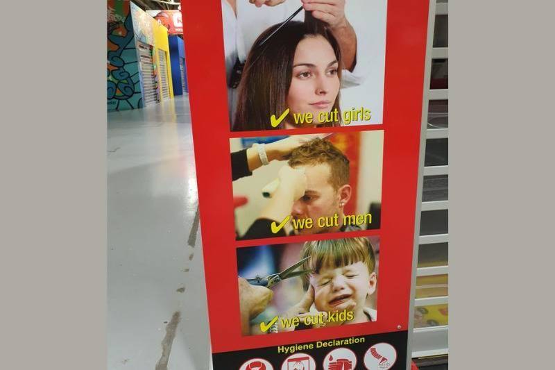 hair cut ad saying we cut girls. we cut men. we cut kids.