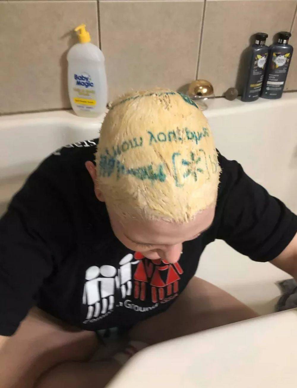 Woman with imprint of walmart shopping bag on her bleached hair
