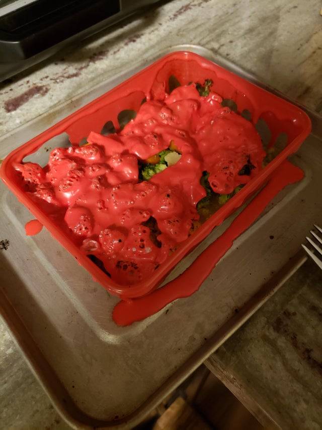 melted rubber lid over the food