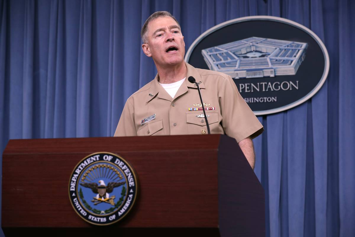 Navy Vice Admiral Fritz Roegge speaks at the Pentagon.