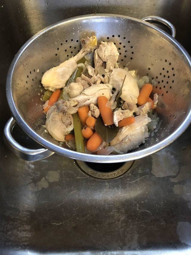 strained soup in the sink