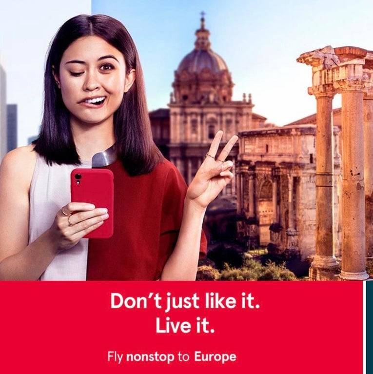 travel ad where woman has half her face looking down and half her face looking at camera