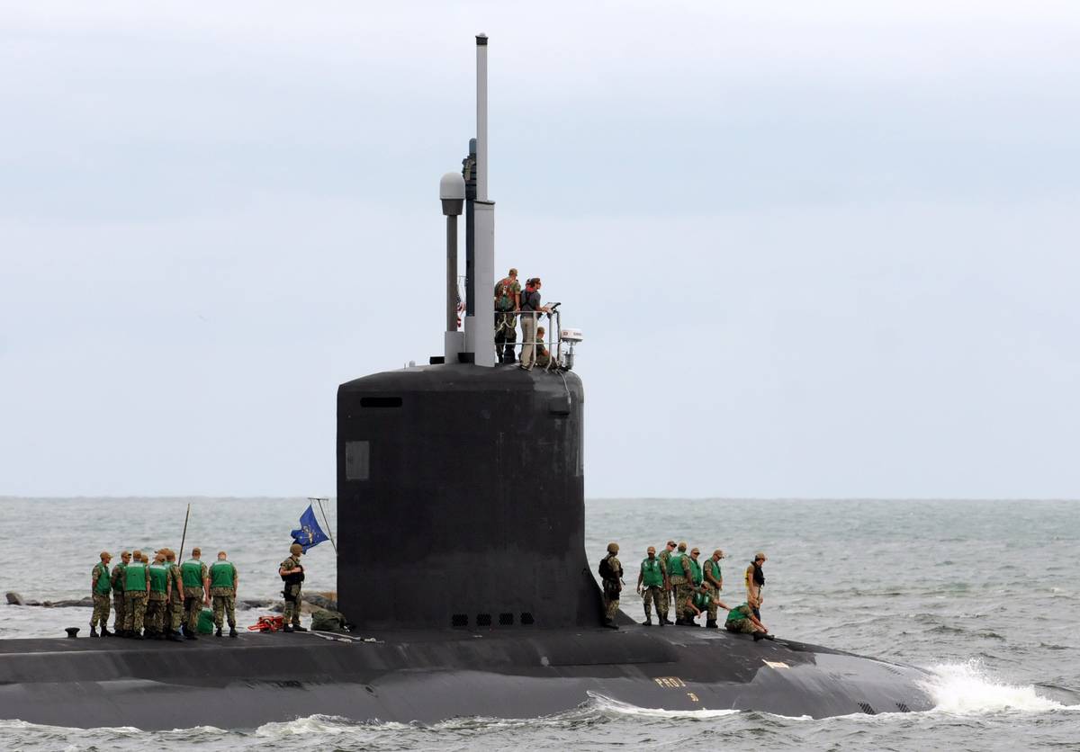 Crew members are seen on the USS Indiana, a nuclear powered United States Navy Virginia-class fast attack submarine.