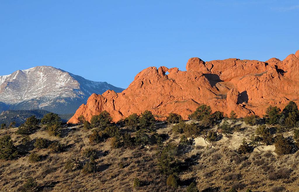Sandstone formations rise near the entrance to the Garden of the Gods park in Colorado Springs, Colorado
